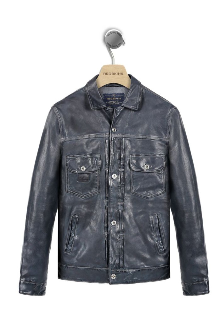 Homme Redskins Blousons & Vestes | Blouson En Cuir Davis Barcelona Dark Navy