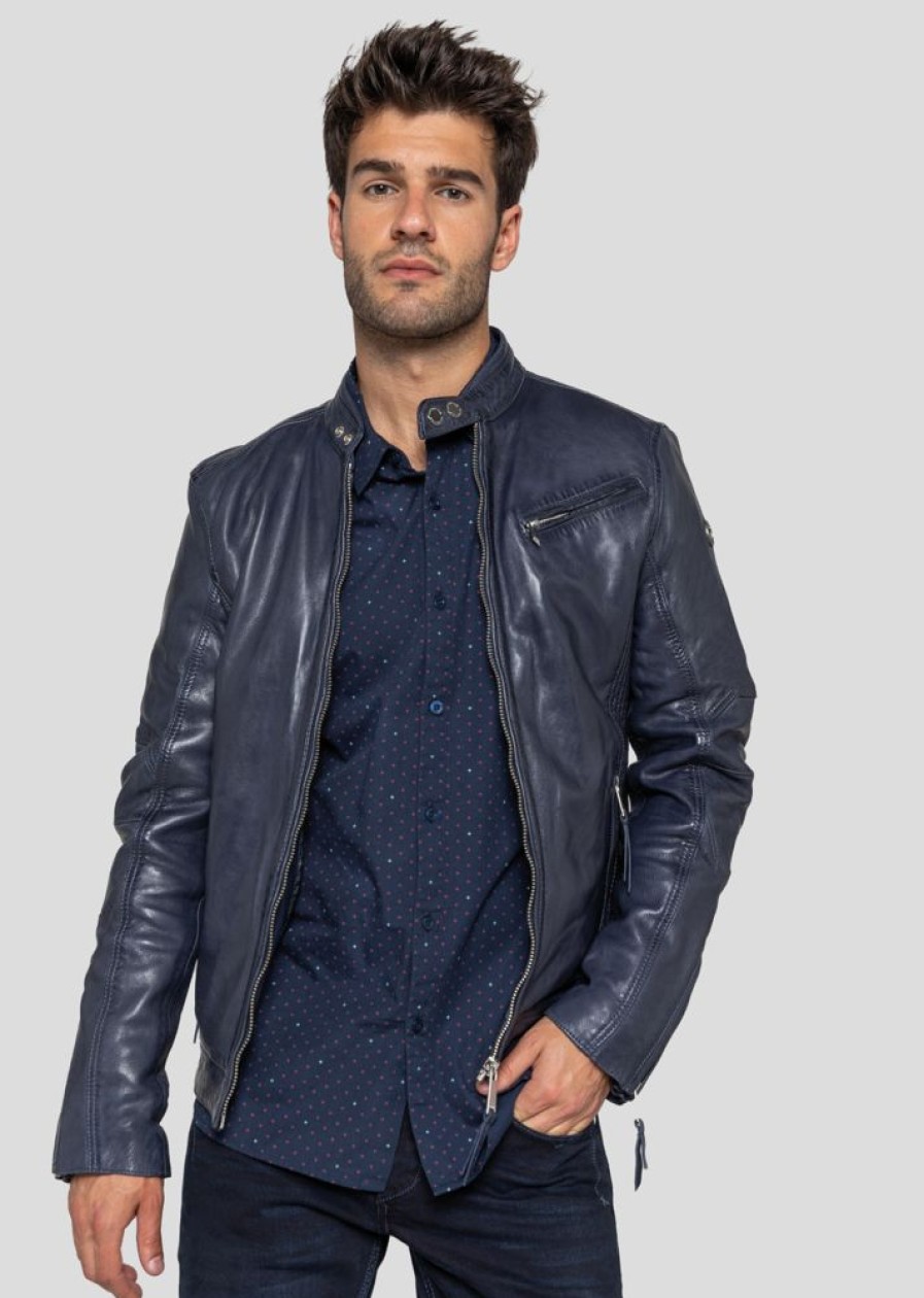 Homme Redskins Blousons & Vestes | Blouson En Cuir Trust Victory Navy Blue